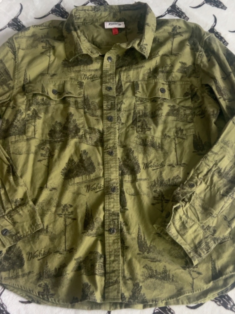 Woolrich Olive Green Scenic Cabin Print Button Up Shirt Size Large